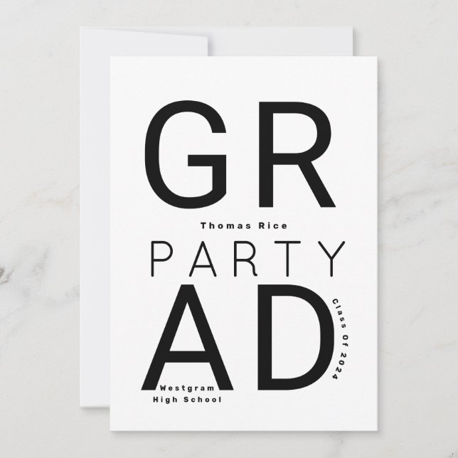 Invitación a graduación minimalista en blanco y ne (Anverso)