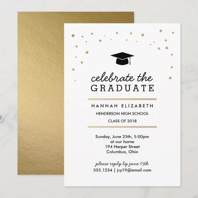Invitación a graduación moderna de Confetti de oro (Anverso / Reverso)