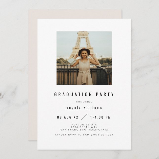Invitación a graduación moderna ZARA con foto (Anverso / Reverso)