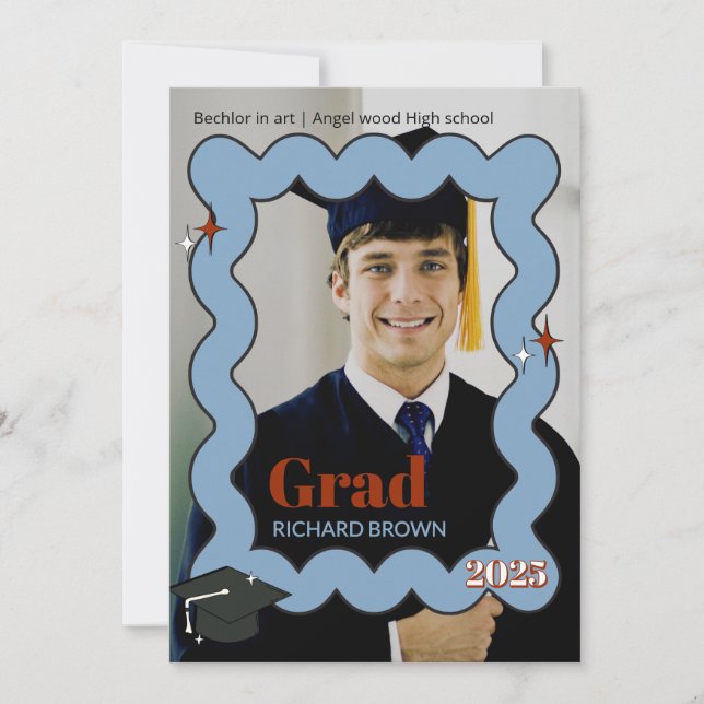 Invitación a graduación ondulada de retro azul cla (Anverso)