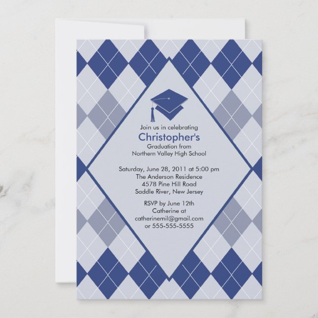 Invitación a graduación Preppy Blue Argyle (Anverso)