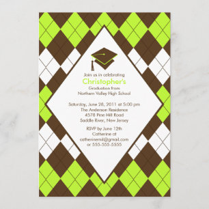 Invitación a graduación Preppy Brown & Green Argyl