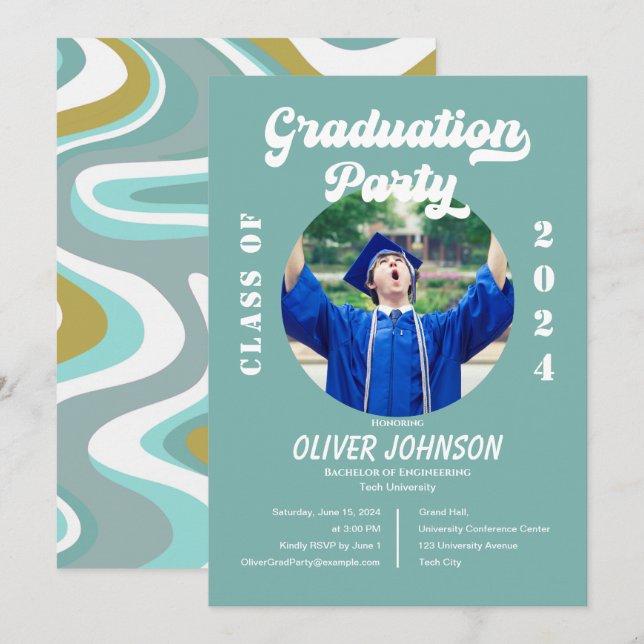 Invitación a graduación Retro Funky Blue y Gold (Anverso / Reverso)