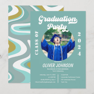 Invitación a graduación Retro Funky Blue y Gold