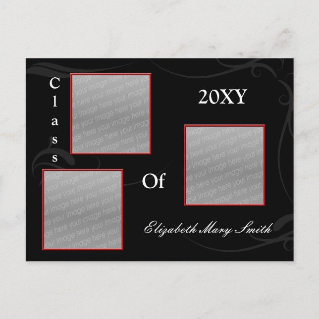 Invitación a graduación roja de TRIPLE FOTO (Anverso)