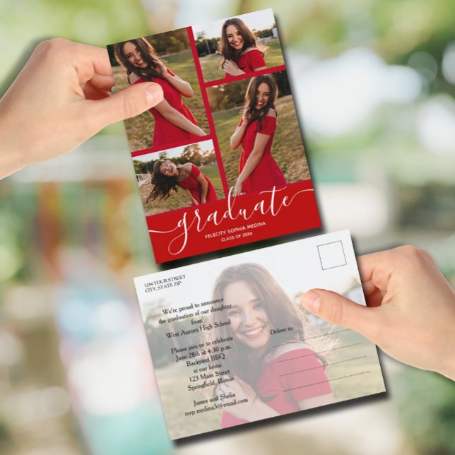 Invitación a graduación roja multifoto (Multi 5 Photo Graduation Party Invitation Postcards)