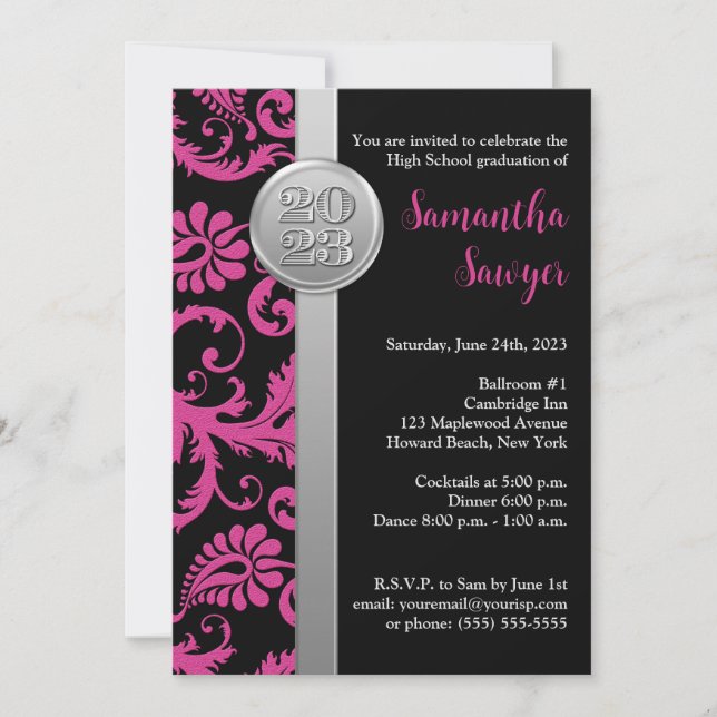 Invitación a graduación rosa, negro y plateado (Anverso)