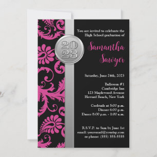 Invitación a graduación rosa, negro y plateado