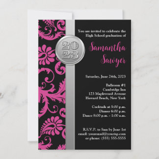 Invitación a graduación rosa, negro y plateado