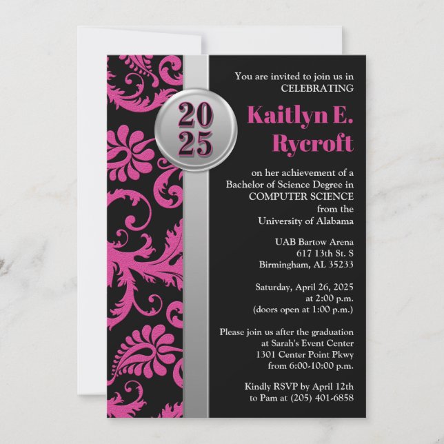 Invitación a graduación rosa, negro y plateado 202 (Anverso)