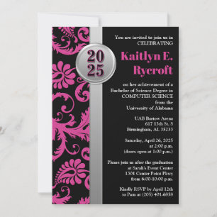 Invitación a graduación rosa, negro y plateado 202
