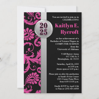 Invitación a graduación rosa, negro y plateado 202