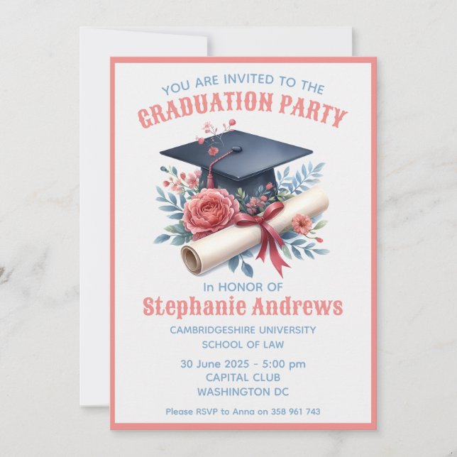 Invitación a graduación rosa y azul (Anverso)