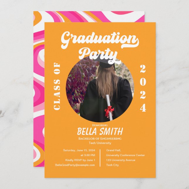 Invitación a graduación rosa y Naranja Funky Retro (Anverso / Reverso)