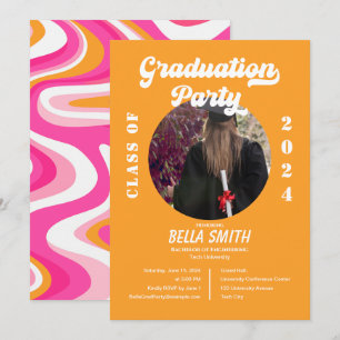 Invitación a graduación rosa y Naranja Funky Retro