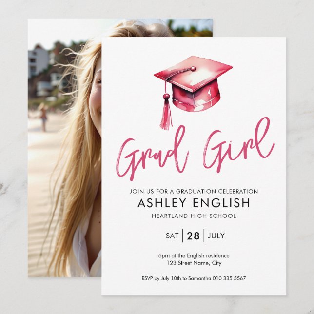 Invitación a graduación rosada de Chica de grado (Anverso / Reverso)