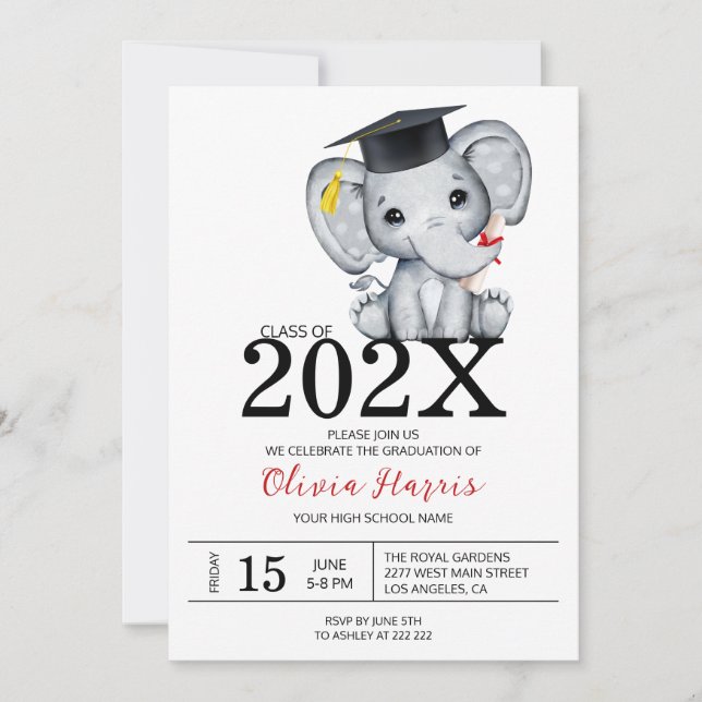 Invitación a graduados de elefante lindo (Anverso)