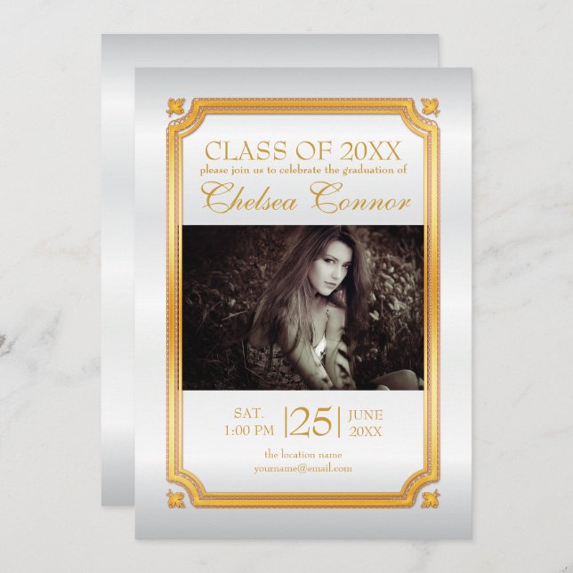 Invitación a graduados de satén blanco y oro (Anverso / Reverso)