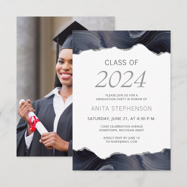 Invitación a graduarse de 2024 Foto Agate Gris Azu (Anverso / Reverso)
