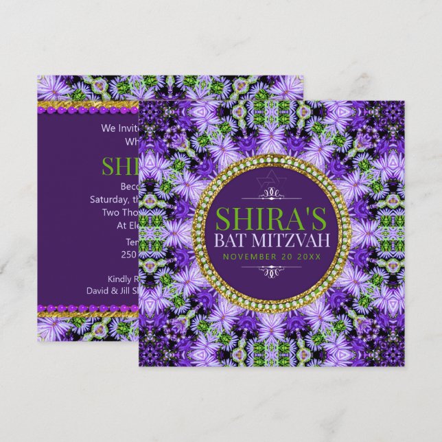Invitación a Groovy Purple Daisies Bat Mitzvah (Anverso / Reverso)