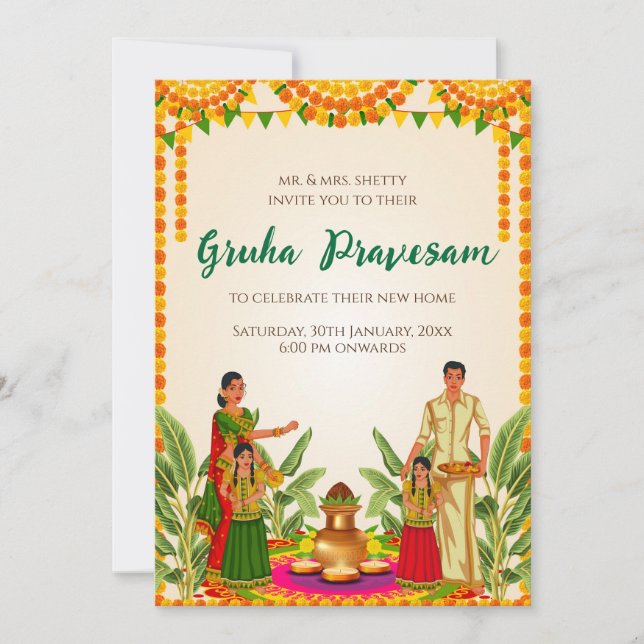 Invitación a Gruhapravesam por el calentamiento de (Anverso)