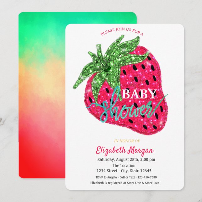 Invitación a Guay Purpurina Strawberry Baby Shower (Anverso / Reverso)