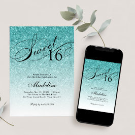 Invitación a guión de Aqua Blue Purpurina Sweet 16