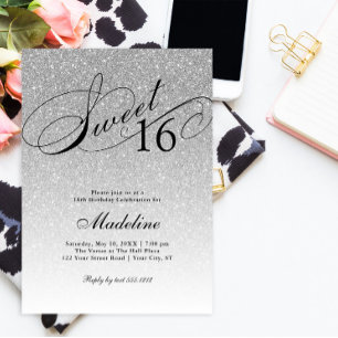 Invitación a guión de Purpurina plateado dulce 16