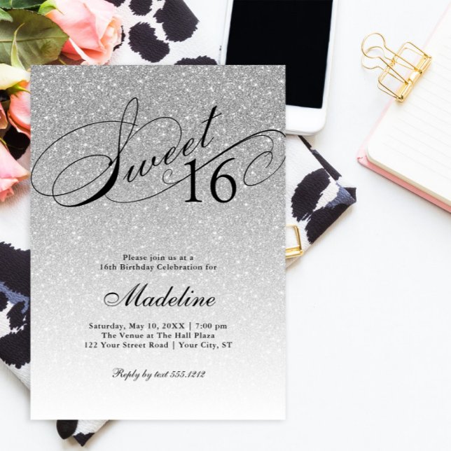 Invitación a guión de Purpurina plateado dulce 16  (Subido por el creador)