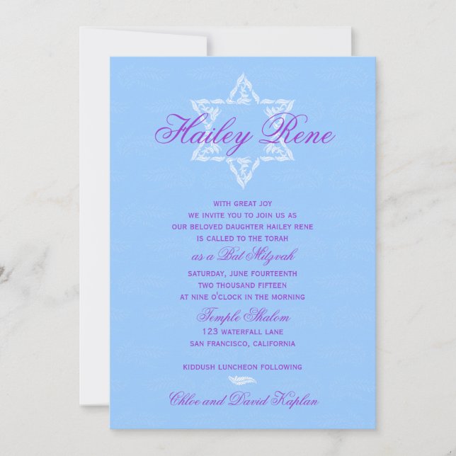 Invitación a Hailey del Bat Mitzvah con azul Damas (Anverso)