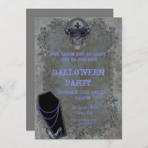 Invitación a Halloween con cráneo y ataúd