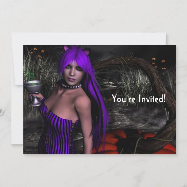 Invitación a Halloween de bonito Kitty y Bockín (Anverso)