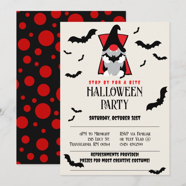 Invitación a Halloween de Cute Vampire Gnome (Anverso / Reverso)