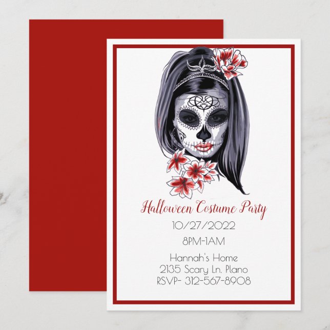 Invitación a Halloween del Chica de cráneo de azúc (Anverso / Reverso)