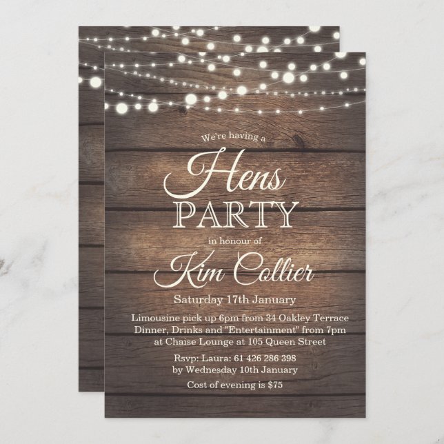 Invitación a Hens Fiesta Rustic Wood Lights (Anverso / Reverso)