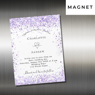 Invitación a imán blanco purpurina violeta boda