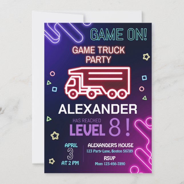 Invitación a juegos de cumpleaños de Game Truck (Anverso)