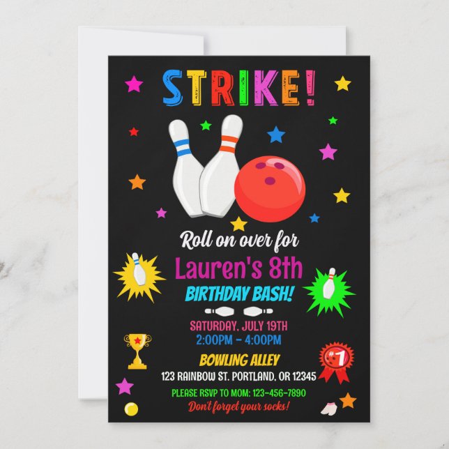 Invitación a jugar al Bowling por cumpleaños. (Anverso)