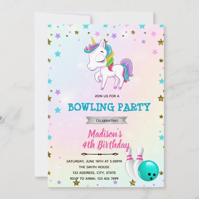 Invitación a jugar bolos de Unicorn (Anverso)