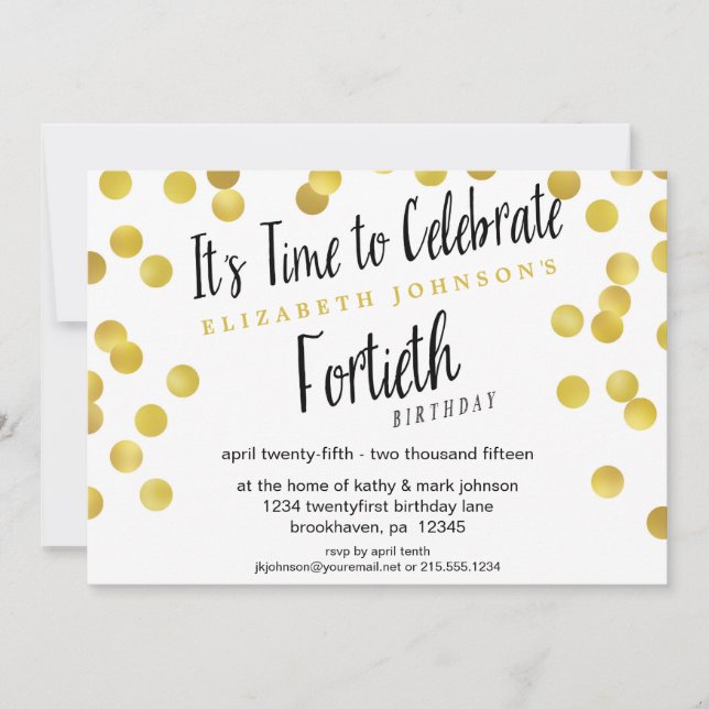 Invitación a la 40ª Fiesta de Fancy Gold Confetti (Anverso)