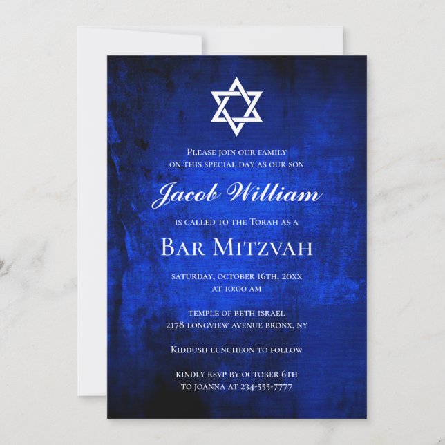 Invitación a la acuarela azul del bar judío Mitzva (Anverso)