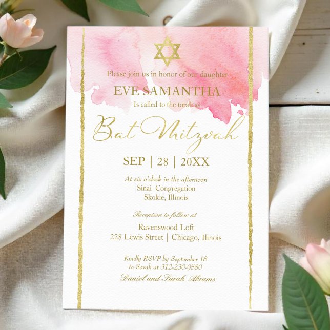 Invitación a la acuarela de Bat Mitzvah | Rosa abs (Subido por el creador)