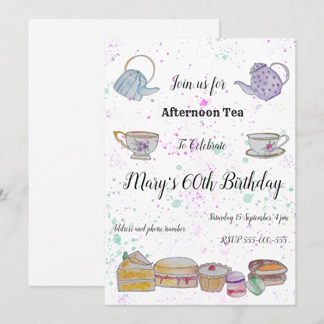 Invitación a la acuarela del té de la tarde (Anverso / Reverso)