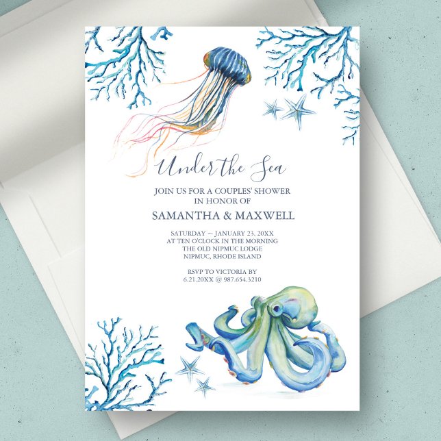 Invitación a la Baby Shower acuarela bajo el mar (Under the sea baby shower theme unique watercolor art by Victoria Grigaliunas of Do Tell A Belle)