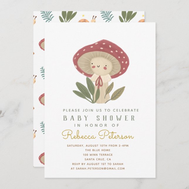 Invitación a la Baby Shower con hongos pequeños (Anverso / Reverso)