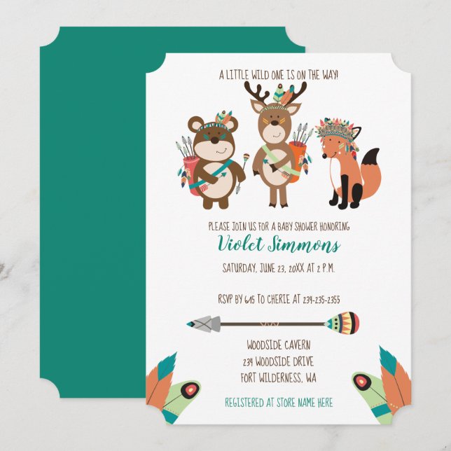 Invitación a la Baby Shower de animales de bosque  (Anverso / Reverso)