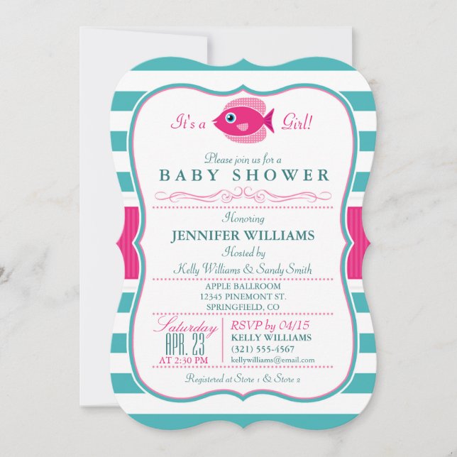 Invitación a la Baby Shower de Aqua y Pescado Rosa (Anverso)
