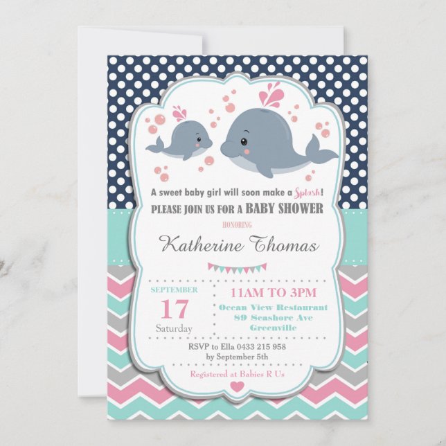 Invitación a la Baby Shower de ballena bebé Pink P (Anverso)