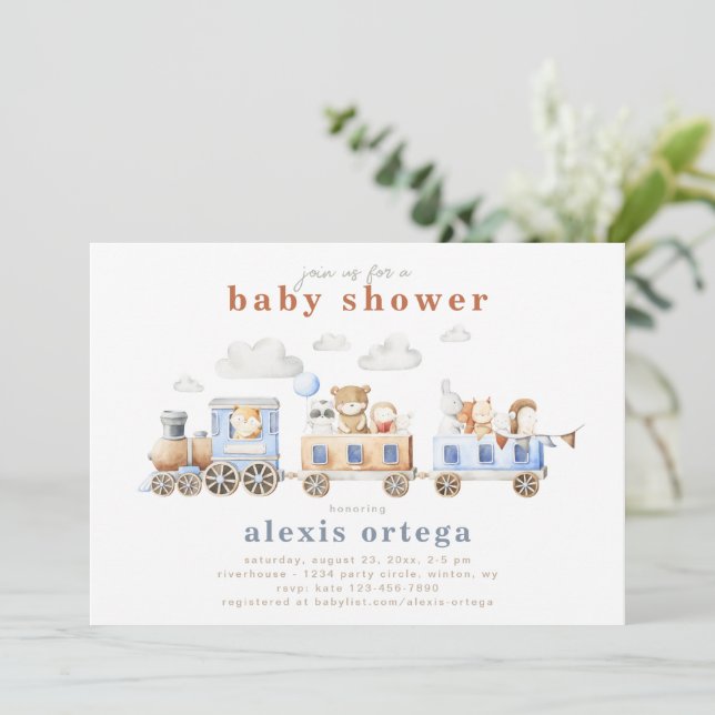 Invitación a la Baby Shower de Train Animals | Tre (Anverso de pie)
