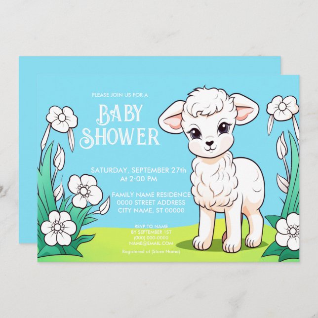 Invitación a la Baby Shower del cordero pequeño (Anverso / Reverso)
